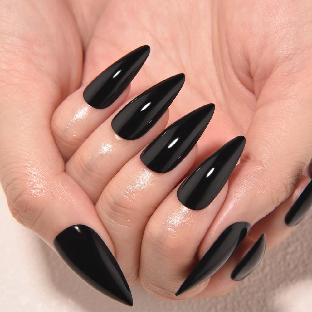 evpct Black Glossy Press on Nails Medium Almond, Glossy Black Fake Nails False Nail Pure Color with Kit, Salon Quality Soft Gel Stick on Acrylic False Soft Nails Reusable Full Cover for Women Manicure