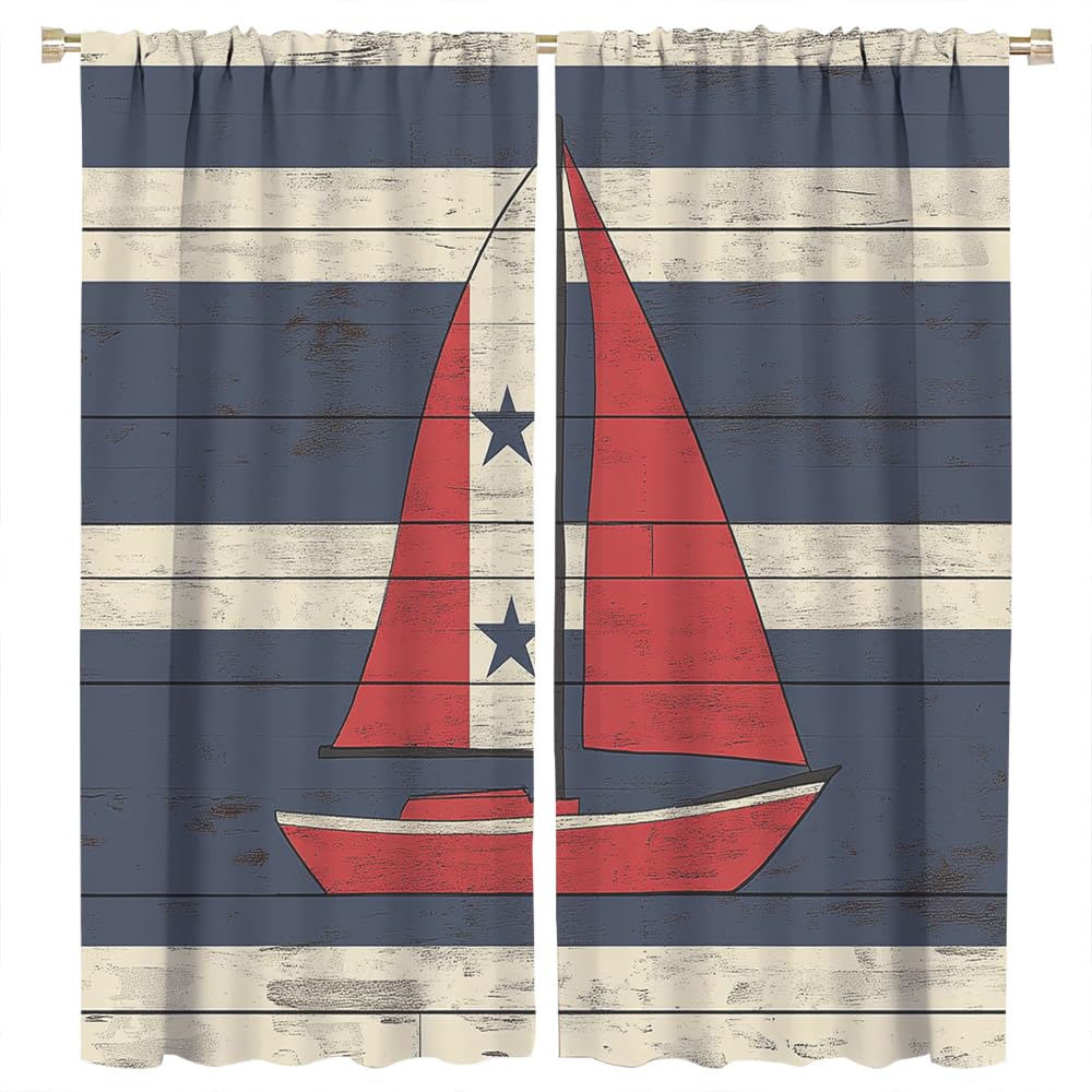 YFBBINS Abstract Sailboat Pattern Blackout Curtains Thermal Insulated for Bedroom Living Room, Stripe Sailing Ship Vintage Rod Pocket Curtain Light Blocking Drapes, 2 Panels, Each 21 W x 45 L inch