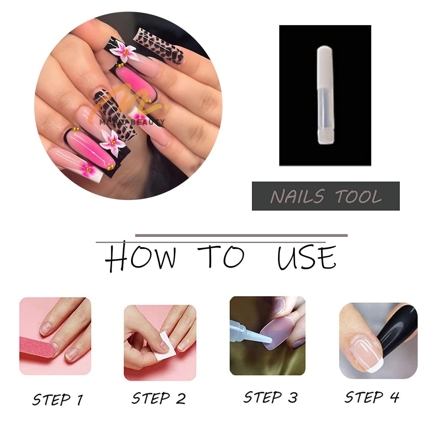 MISUD Press on Nails - Long Square Glue on Nails with Pink Black, Acrylic Handmade Flower Design 24 pcs