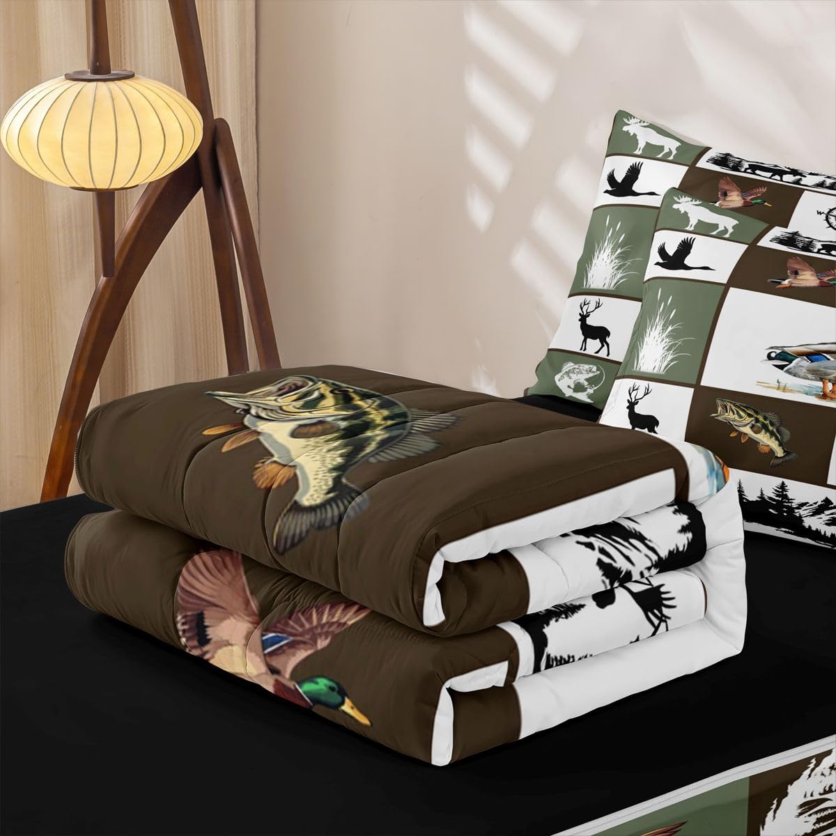 jejeloiu Deer Fish Duck Bear Comforter Set Twin Animal Hunting Zipper Bedding Set for Kids Boys Girls Wildlife Bed in a Bag Western Farmhouse Microfiber with 2 Pillow Cases