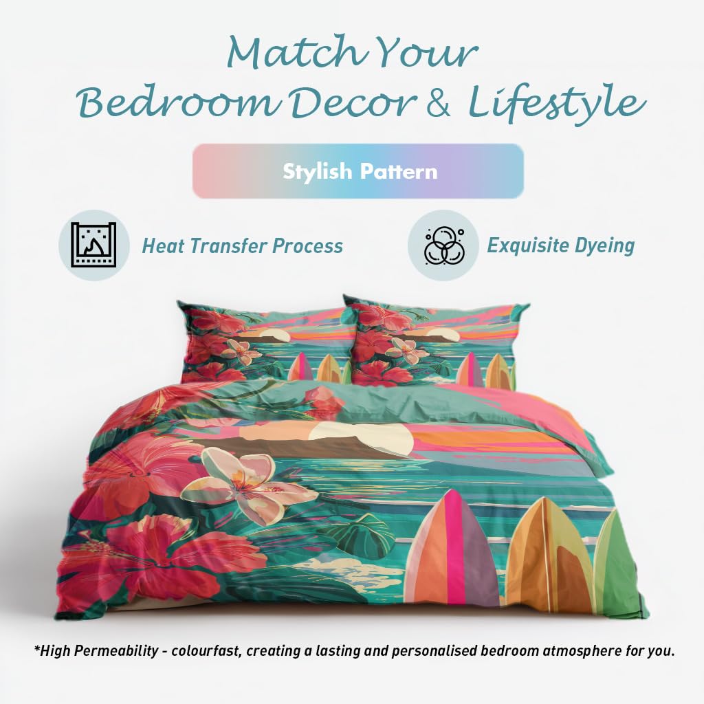 Tropical Beach Full Duvet Cover Set 3 Piece, Hawaiian Hibiscus Surfboard Reversible Bedding with 2 Pillow Shams, Zipper & Ties, Ultra Soft Microfiber, Tropical Bedroom Decorations 29A-W