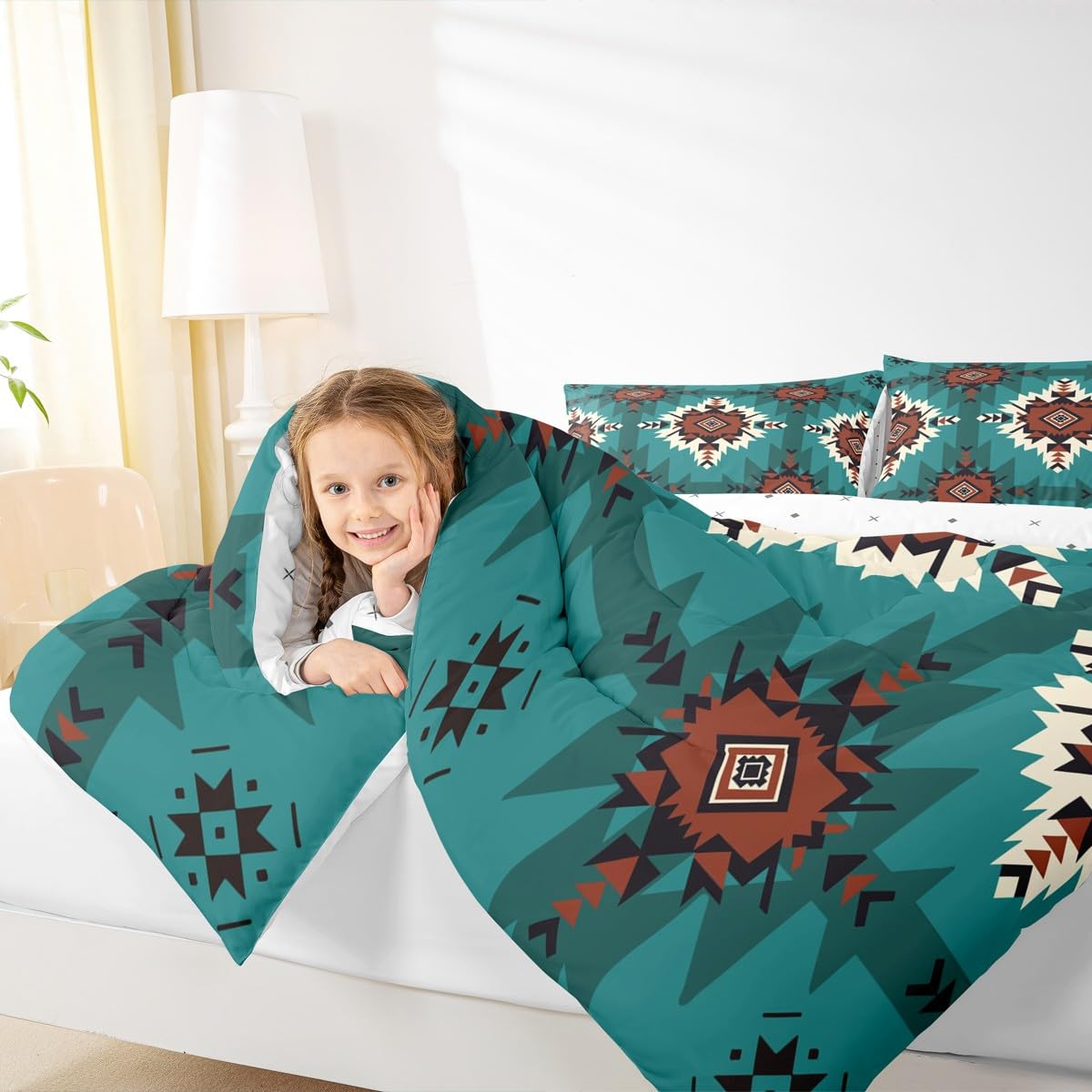 jejeloiu Native American Comforter Set Queen Size Western Aztec Bedding Set for Kids Boys Girls Boho Duvet Quilt Geometric Bedroom Decor Microfiber 3 Pcs with 2 Pillow Cases