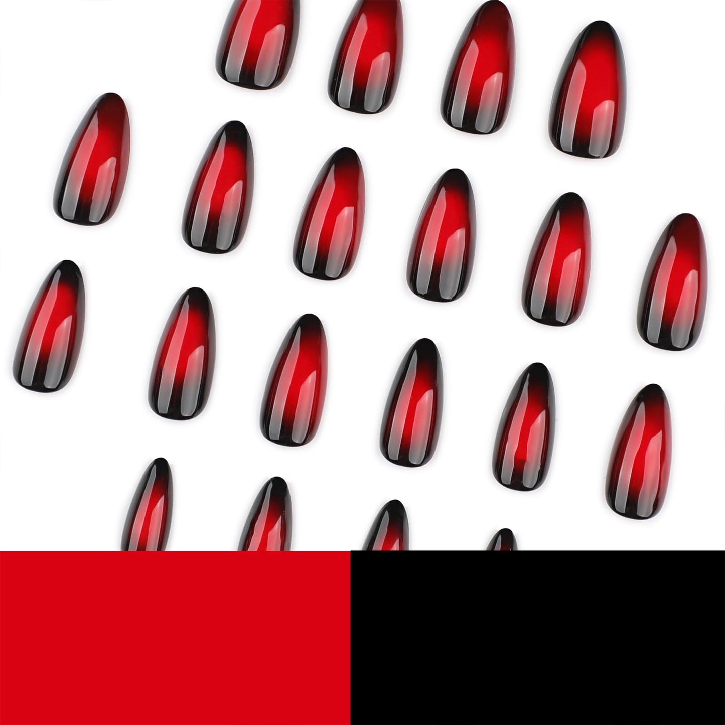 Medium Almond Press On Nails – Red and Black Gradient Glossy Acrylic Fake Nails, 24PCS Reusable Stick On Nails Kit with Glue & Tools for Women, Shiny Vampire Ombre Nails for Party & Everyday Wear