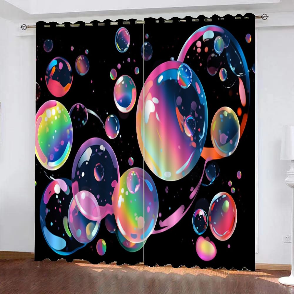Colorful Bright Bubbles Blackout Curtains, Black Background 3D Print Thermal Insulated Drapes, 2 Panels Energy Efficient Curtains for Sliding Glass Door Bedroom Living Room(42" W x 63 "L)