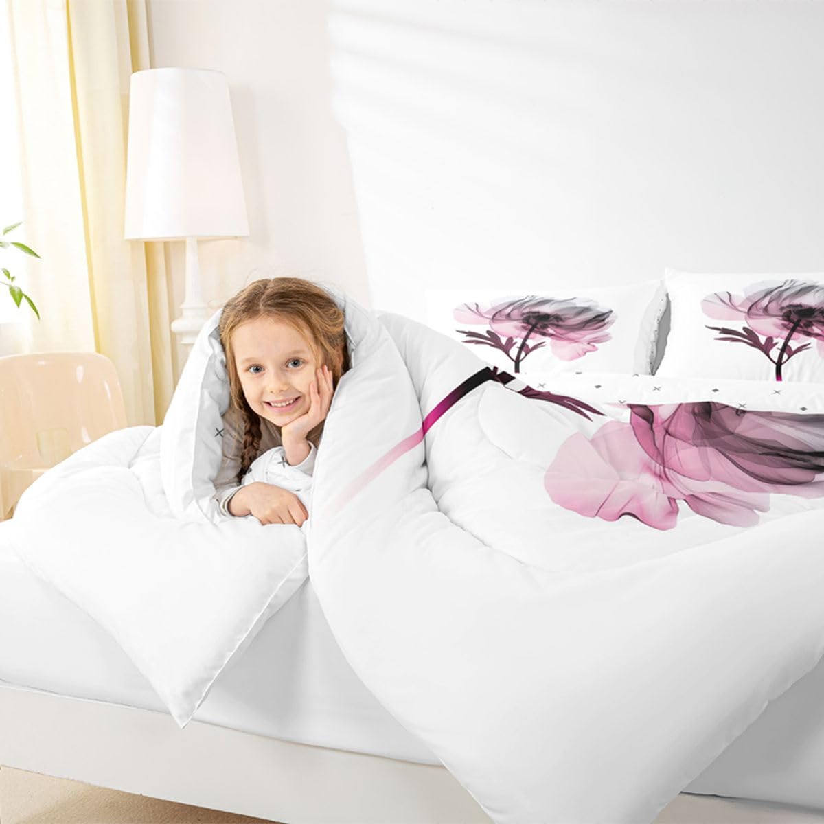 jejeloiu Abstract Flowers Comforter Set Toddler Size Modern Art Bedding Set for Kids Boys Girls Floral Pink Duvet Quilt Bedroom Decor Microfiber 2 Pcs with 1 Pillow Cases
