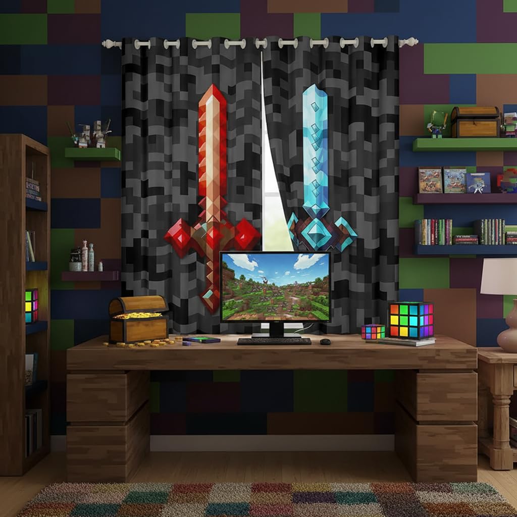 Castle Fairy Red Blue Sword Bedroom Decor Curtains,Sandbox Building Games Window Curtain,Kids Teens Pixelated Style Swords Window Treatment Grey Black Camo Blackout Drapes 2 Panels,38Wx54L