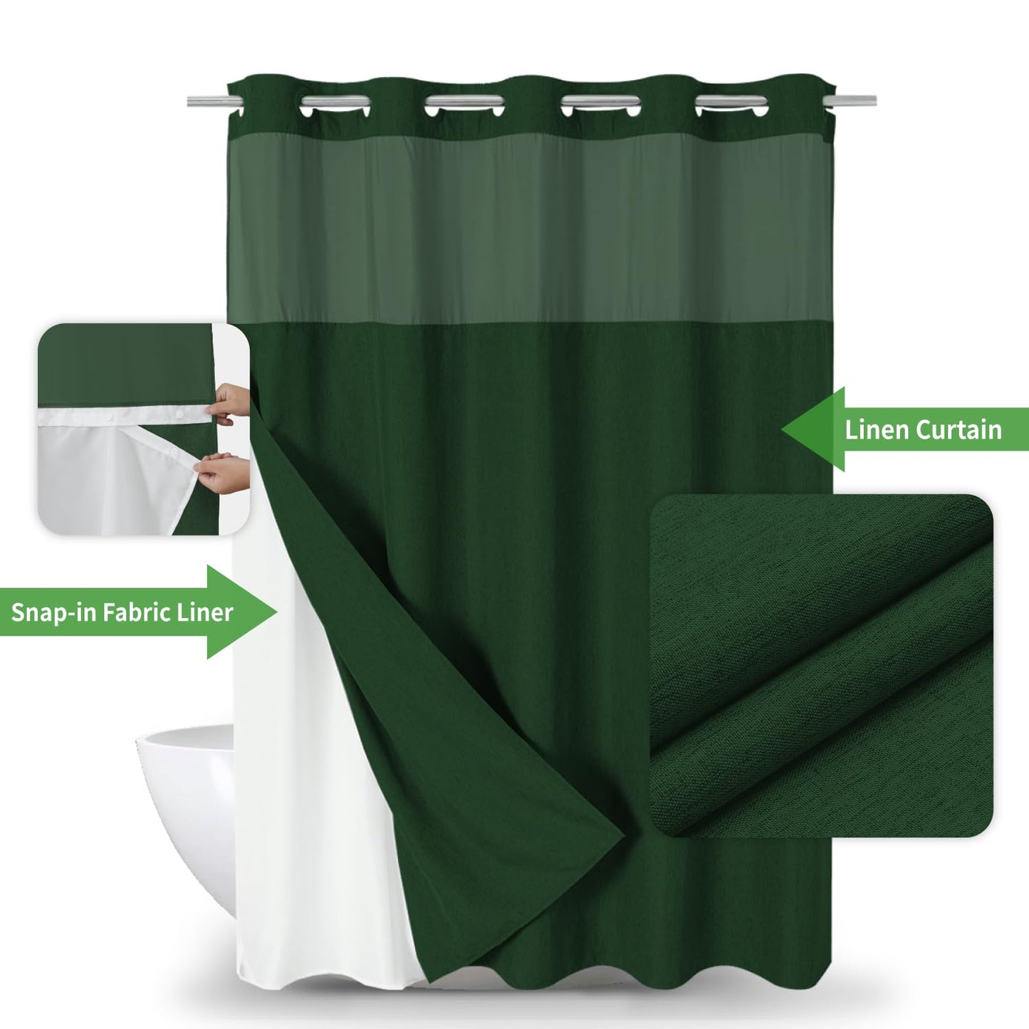 eachope No Hooks Needed Linen Textured Shower Curtain with Snap-in Fabric Liner Set,Hotel Luxury Decor Shower Curtains for Bathroom with Mesh Top Window,Waterproof & Washable,71Wx74H,Emerald Green