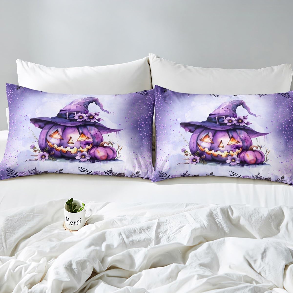 Castle Fairy Watercolor Flowers Fitted Sheet Set with 2 Pillowcase,Gothic Purple Halloween Theme Microfiber Mattress Cover,Pumpkin Lantern Bed Cover Queen Size