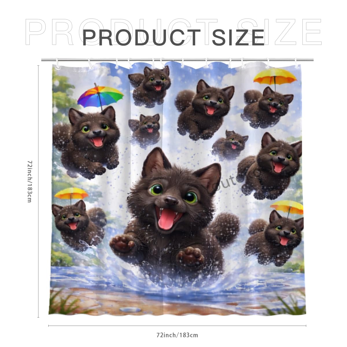 Youtoko Funny Black Cat Bathroom Decor Shower Curtain 72x72 Inch with 12 Hooks Umbrella Water Splash Animal Art Waterproof Washable Polyester