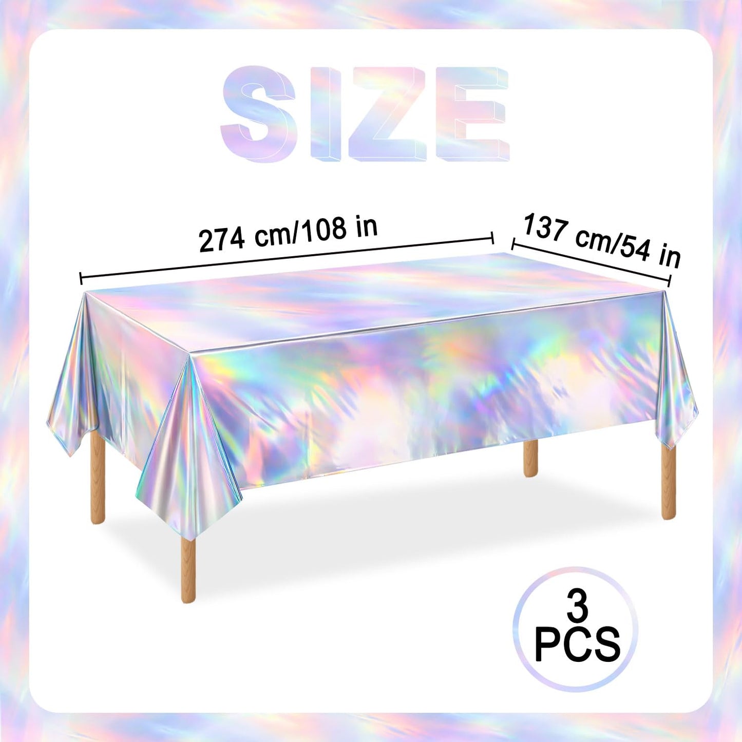 NKPDAXM 3 Pack Iridescent Tablecloths, Shiny Disposable Foil Plastic Holographic Table Covers for Rainbow Disco Bachelorette Bridal Wedding Party Decorations, 54" x 108"