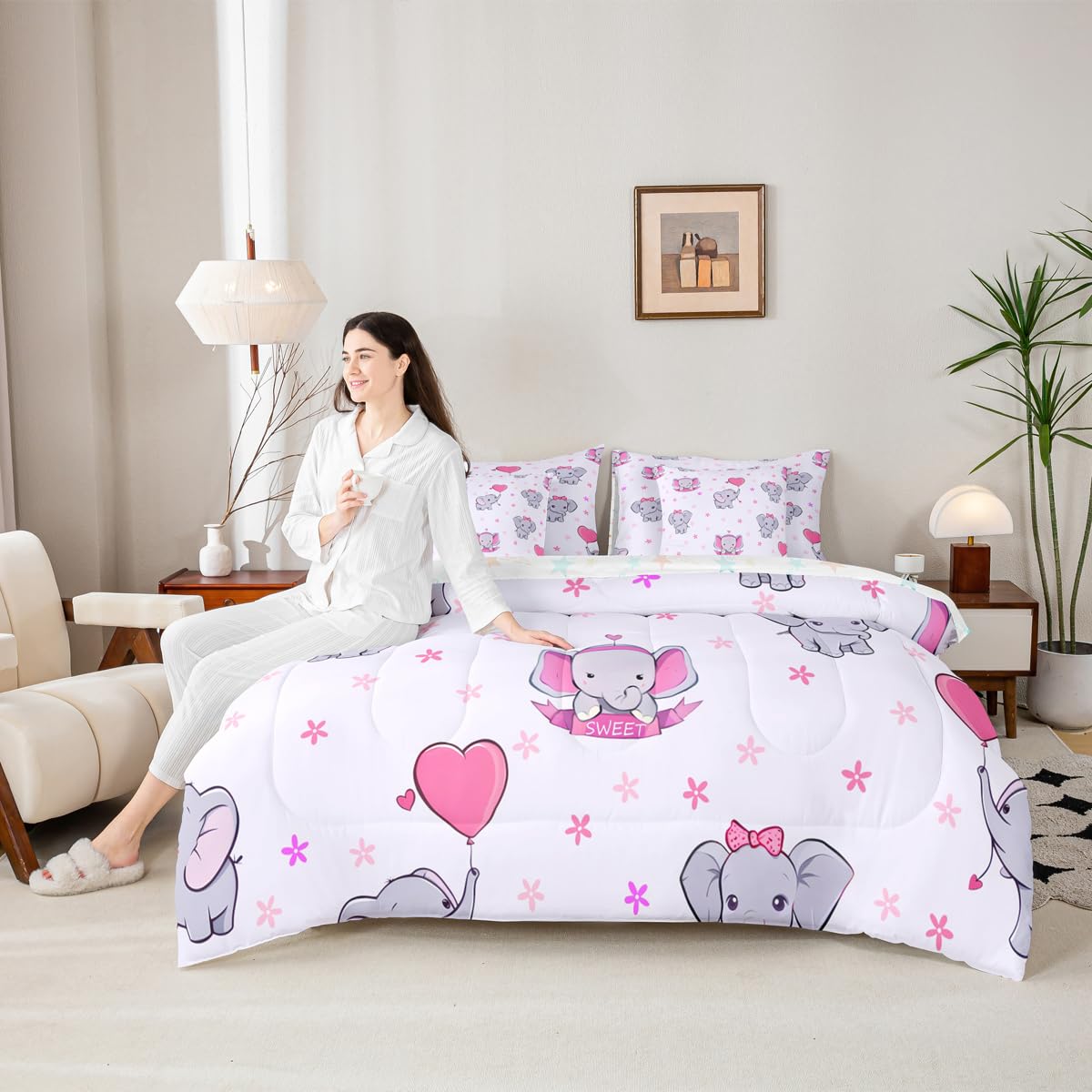 Erosebridal Girls Elephant 7 Piece Comforter Set Twin | Cute Elephant Cartoon Animals Bedding Set for Kids Nursery Bedroom Pink Heart Shaped Comforter with Sheets Kawaii Wildlife Floral Duvet Insert