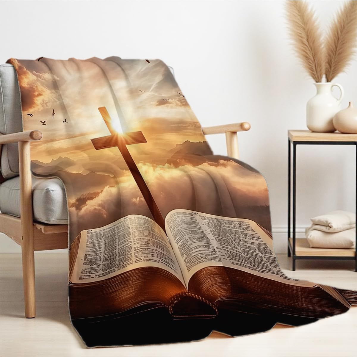 HUNXIAOJ Christian Flannel Blankets for Women Men Adults Cross and Scripture Decor Print Blankets Throw Soft Inspirational Decor Christ Gifts 59"x70"