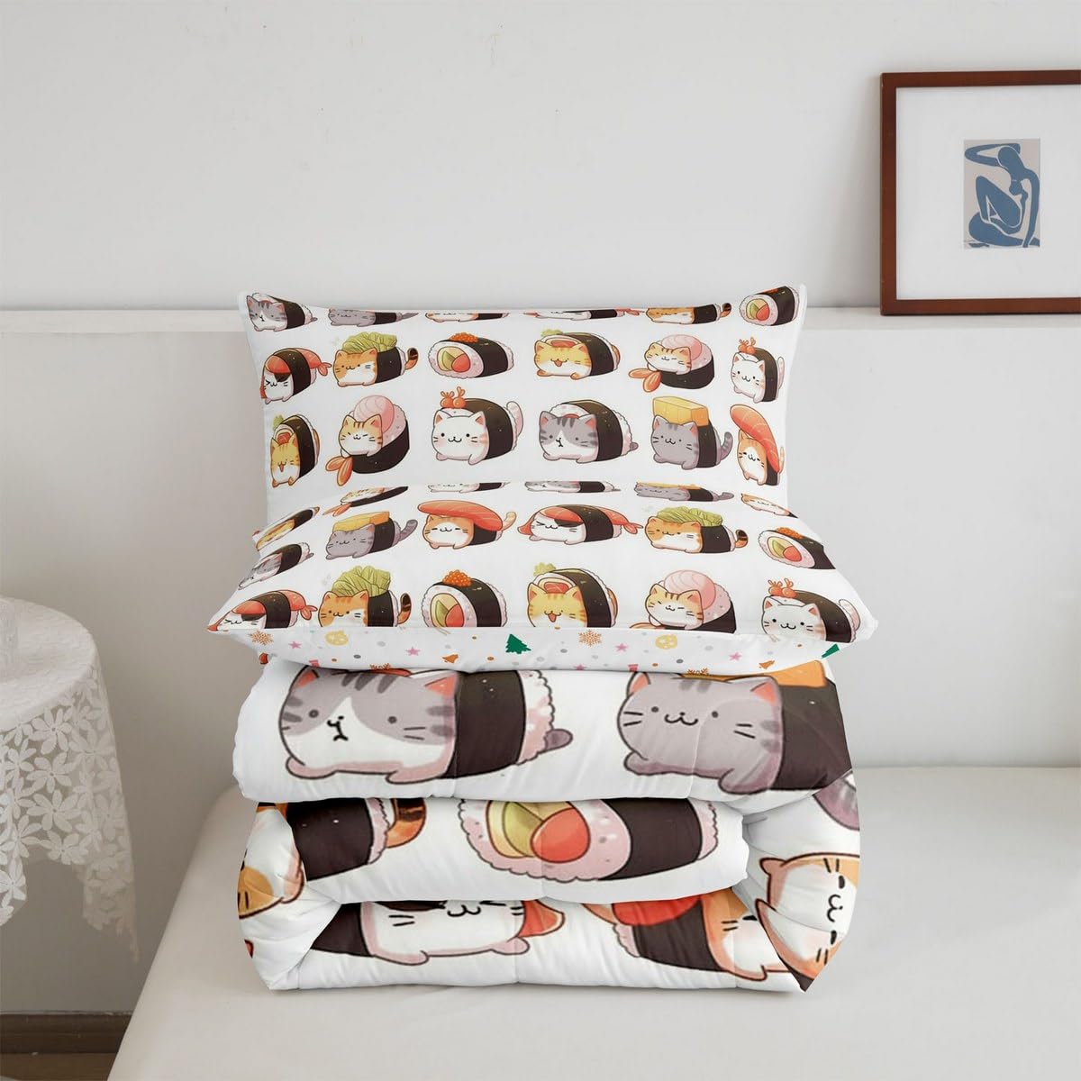 Erosebridal Kids Sushi Comforter Set Queen,Cute Sushi Cat Bedding Set Kawaii Gifts for Girls Teens Women,Japanese Food Quilt Bed Set Anime Style Bedding Comforter Sets with 2 Pillowcases Room Decor