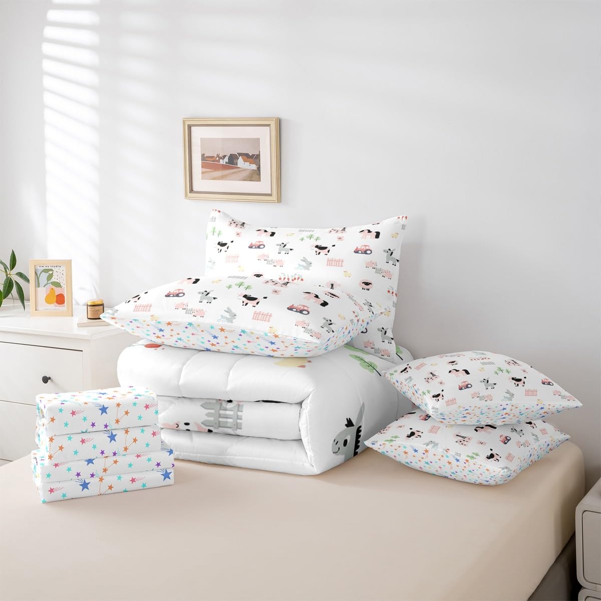 Erosebridal Cartoon Animals 7 Piece Bedding Set King Farm Comforter Set with Sheets Sheep Horse Rabbit Donkey Windmill Bed in a Bag Cow Tractor Duck Dog Pig for Kids Boys Girls