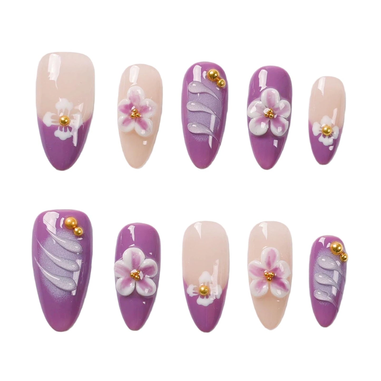 Tesytto Handmade Press on Nails Almond Shape Glossy Reusable False Nails for Nail Art (Purple Dream, M)