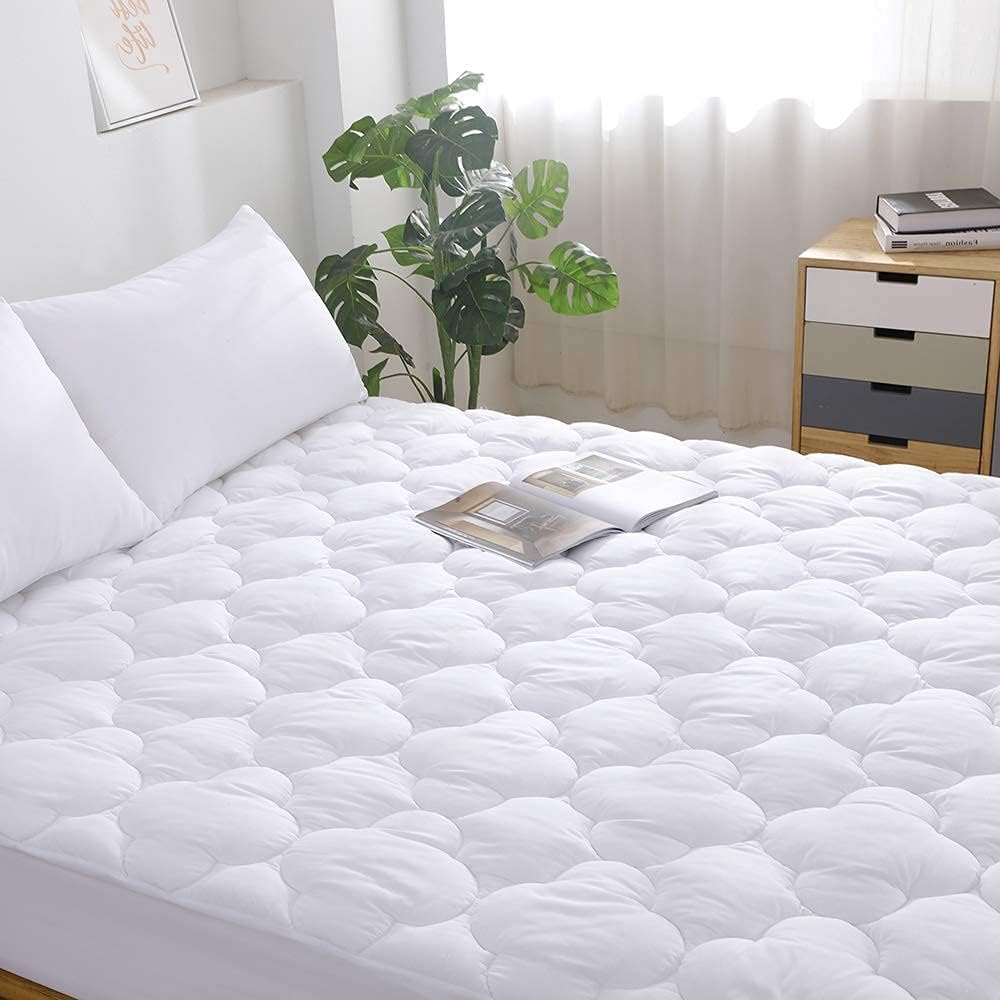 WhatsBedding Waterproof Mattress Pad Queen Size Cotton Top Down Alternative Filling Pillowtop Mattress Topper Cover-Fitted Quilted (Queen Mattress Pad)