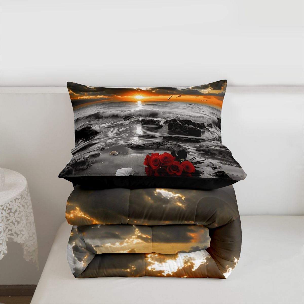 jejeloiu Black and White Gold Kids Comforter Set Toddler Size Rose Ocean Beach Zen Bedding Set Seascape Duvet Quilt for Kids Boys Girls Bedroom Decor Microfiber Ultra Soft Breathable
