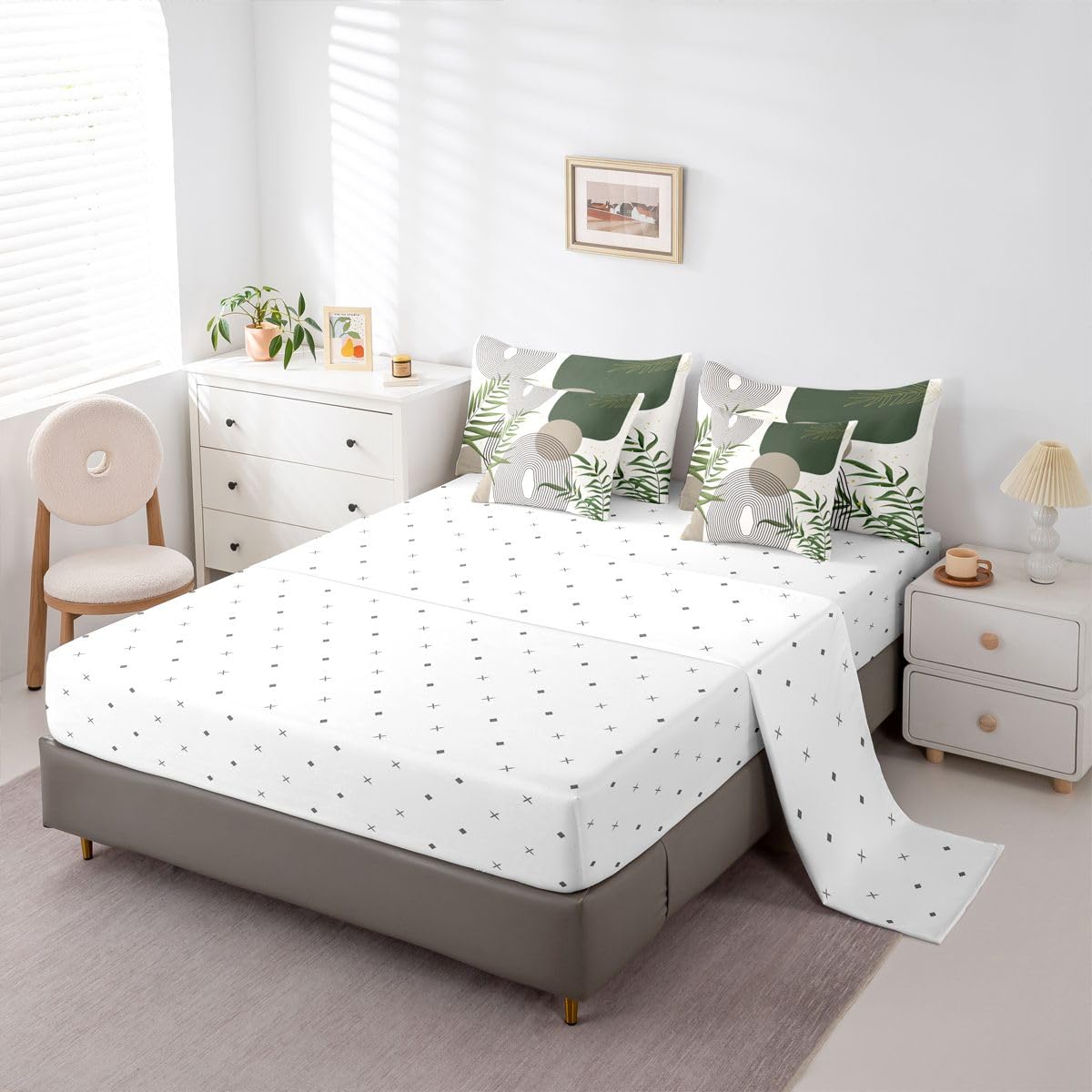 Erosebridal Boho Mid Century King Size 7 Pcs Bedding Set, Abstract Geometric Comforter Set with Sheets, Modern Bohemian Minimalist Bed Sets, Grey Green Circle Contemporary Chic Bed in A Bag