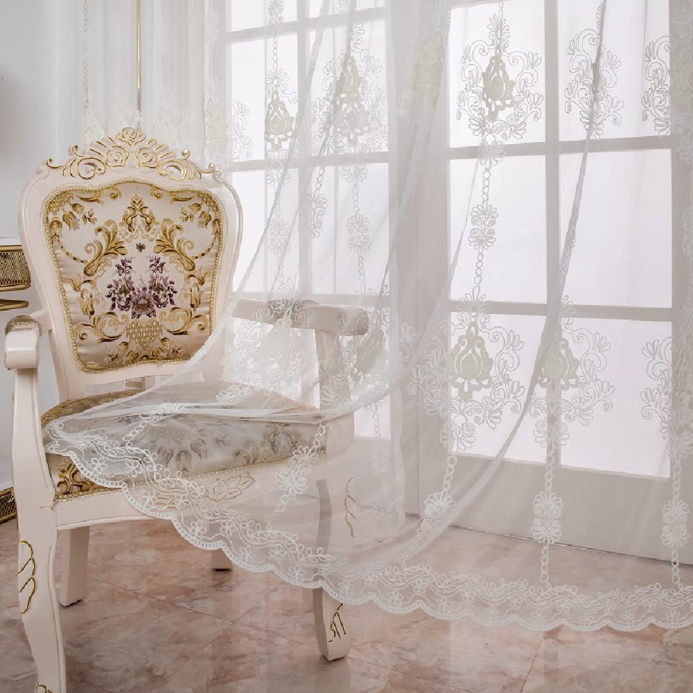 Amidoudou 1 Pair European Luxury Tulle Curtains Sheer Curtains for Living Room Bedroom (White,54x96 Inch)