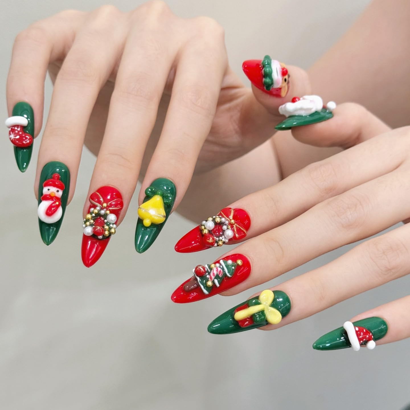 Tesytto Handmade Red & Green Press on Nails Long Oval - Cute 3D Cartoon Character Design, Luxury Glitter Sparkly Fake Nails, Reusable Salon Quality (Holiday Carnival,M)