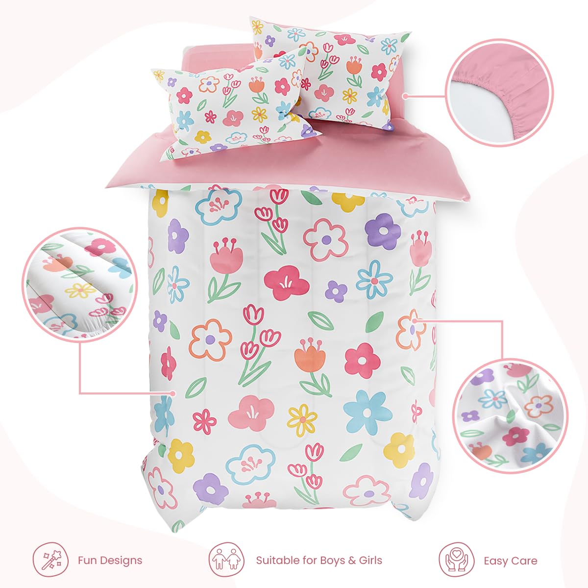 SANDJEST Floral Twin Bedding Sets for Girl, Ultra Soft Microfiber Comforter Bed Set with 3-Pieces, Flower Comforters Sets for Kids Children Girl Teen Tween Bedroom Decor