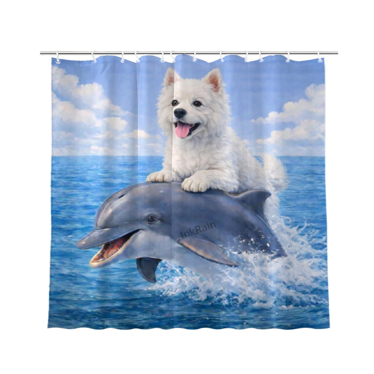 InkRain Ocean Westie-Dog Shower Curtain with 12 Hooks Cute Puppy Riding Dolphin Bathroom Decor Waterproof Polyester Fabric Coastal Beach Bath Curtain 72x84 Inch