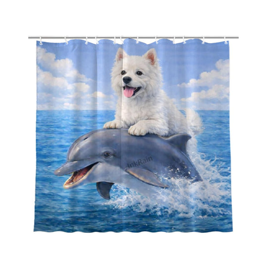 InkRain Ocean Westie-Dog Shower Curtain with 12 Hooks Cute Puppy Riding Dolphin Bathroom Decor Waterproof Polyester Fabric Coastal Beach Bath Curtain 72x84 Inch