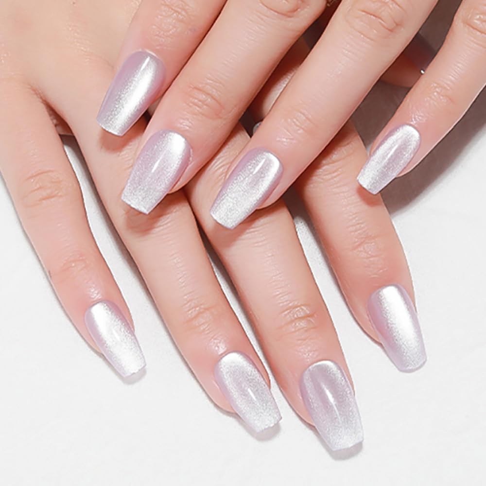 evpct Cat Eye Coffin Press on Nails Medium Square No Glue, Medium Square Stick on Nails for Women, Light Lavender Purple Metallic Glitter Glossy Reusable Spring Summer Press on Fake Nail with Designs