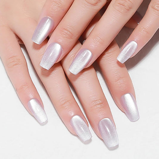 evpct Cat Eye Coffin Press on Nails Medium Square No Glue, Medium Square Stick on Nails for Women, Light Lavender Purple Metallic Glitter Glossy Reusable Spring Summer Press on Fake Nail with Designs