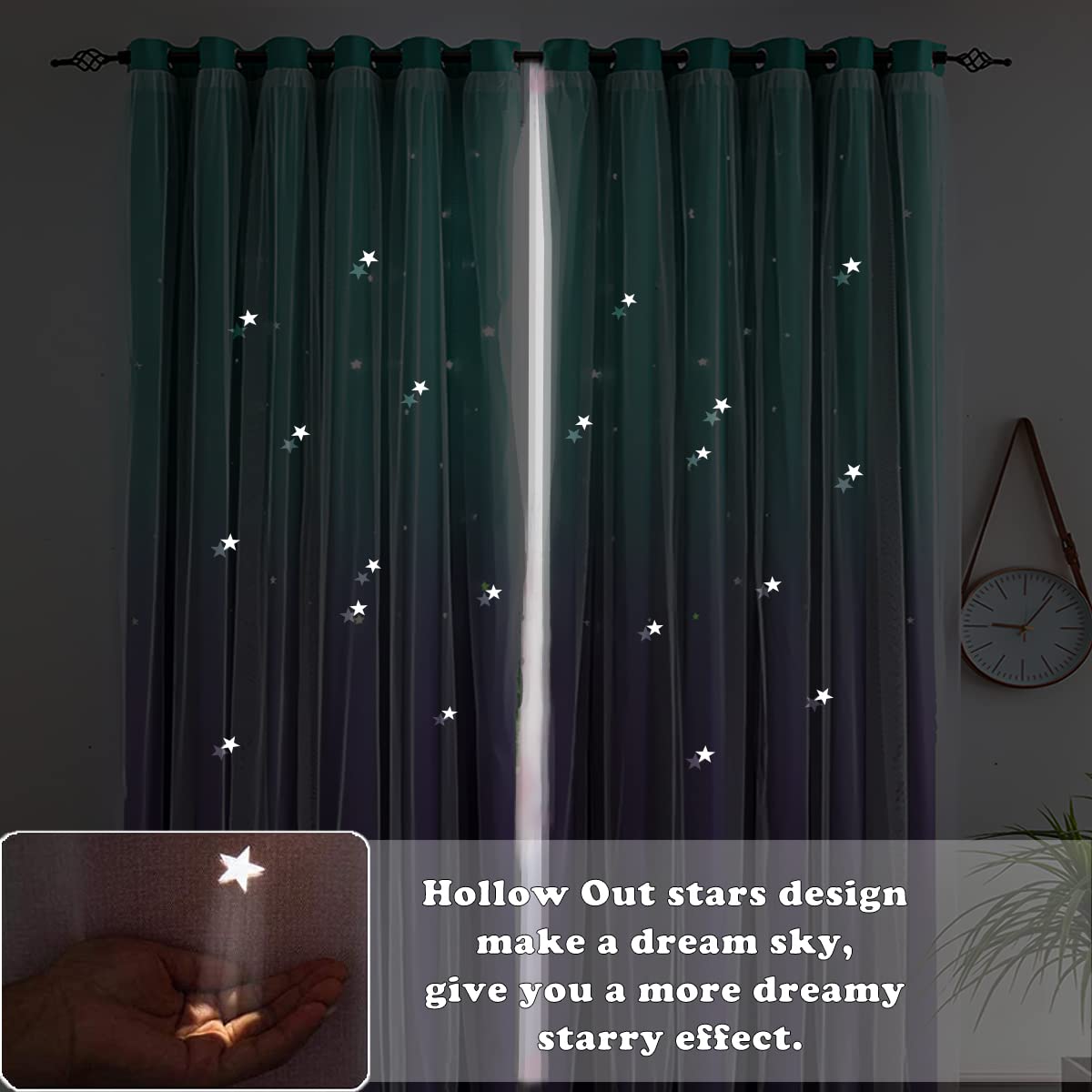 Yancorp Kids Curtains for Girls Bedroom Princess Curtains for Daughter Room 84 Inches Long Star Curtains with Tieback & 3 Bowties(Purple Teal,W52*L84),1 Panel