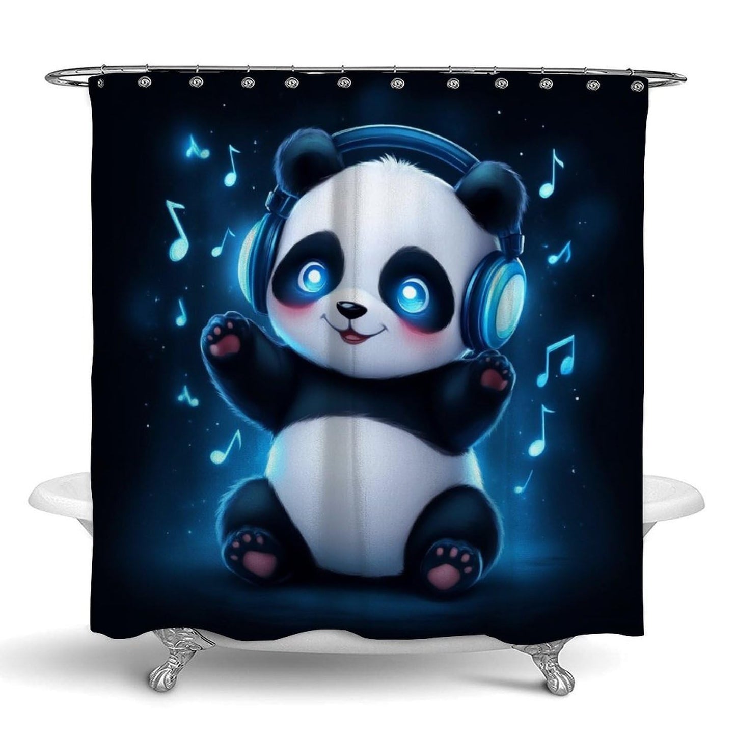 Fashion Bathroom Decoration Shower Curtain Set with Curtain Hooks Animal Headphones Music Cute Panda, 72"x 70"