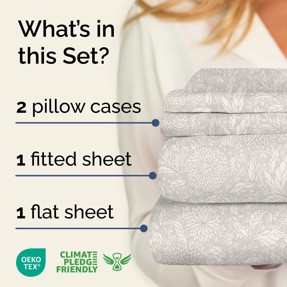 Floral Sheets - Beige Floral Bed Sheet Set - 1 Flat, 1 Fitted & 2 Pillowcases w/ Deep Pockets - Comfy, Wrinkle & Fade-Free - Boho Botanical Bedding - Ultra-Soft, Breathable and Cooling - King Size