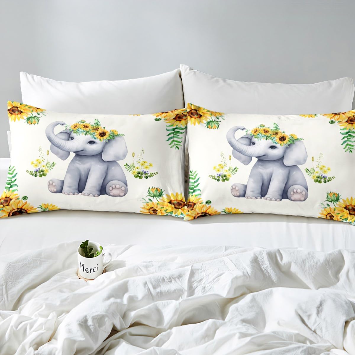 Cute Elephant Kids Duvet Cover Set King Size,Boys Girls Adults Cabin Decor,Sunflowers Plants Rustic Farmhouse Comforter Cover,Cartoon Animal Kawaii Bedding Set,Bright Quilt Cover,2 Pillowcases