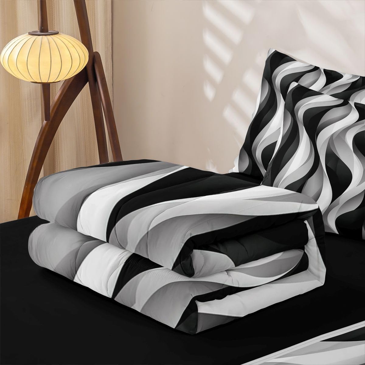 Erosebridal Modern Grey Black and White Striped Zipper Bedding for Adult Women Men - Gray and White Twin Size Comforter Set Graffiti Lines Sheets and Pillowcases Abstarct Modern Zipper Bedding Set