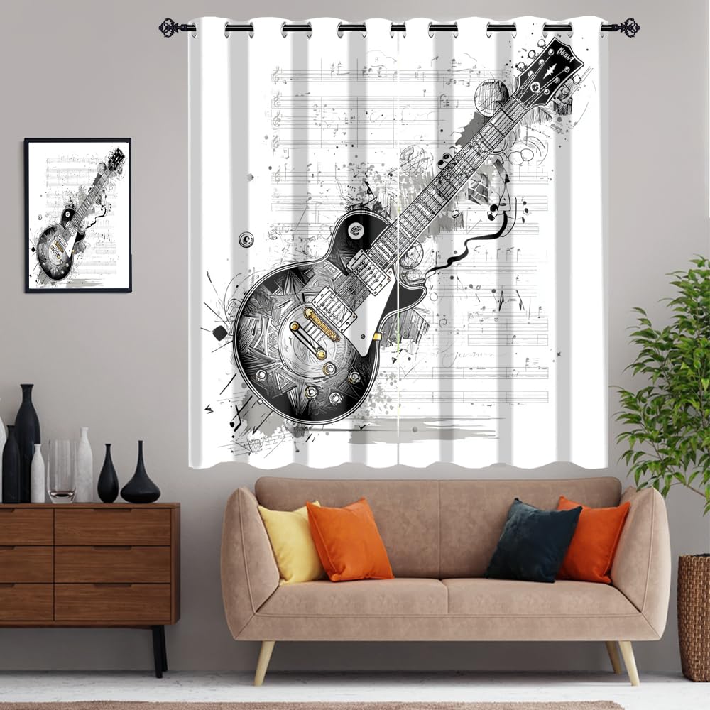 XSUPFLYM Classic Musical Notes Guitar Window Blackout Curtains Beautiful Abstract Rock Music Theme Black&White Guitar Thermal Curtains Suitable for Bedroom 2 Panels.Each 21" W x 45" L