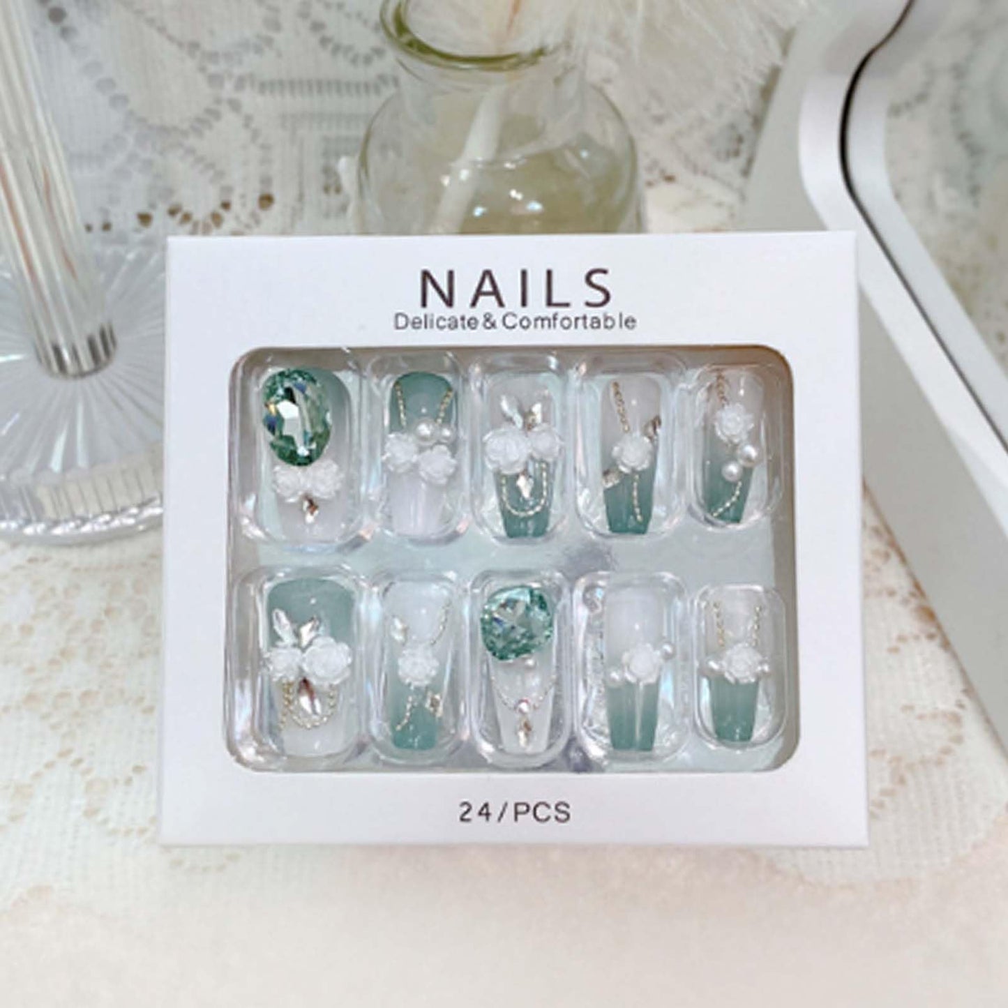 Hkanlre 3D Press on Nails Medium Fake Coffin Nails Tips Full Cover Luxury False Nails for Women and Girls 24PCS