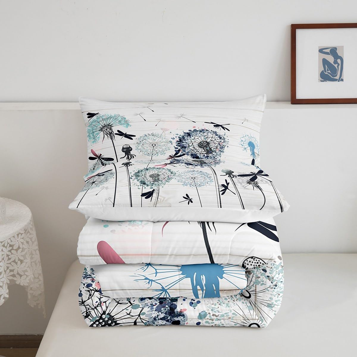 Manfei Dandelion Comforter Set Twin Size, Boho Dragonfly Bedding Set 2pcs for Kids Boys Girls Bedroom Decor, Botanical Floral Quilt Set Rustic Wooden Board Duvet Set with 1 Pillowcase
