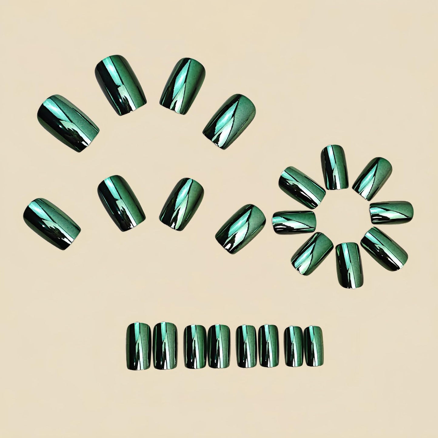 RUOKEXIN Medium Length Press on Nails Square Fake Nails Green Chrome False Nails Full Cover Nail Press ons Sparkly Artificial Nails for Women 24Pcs