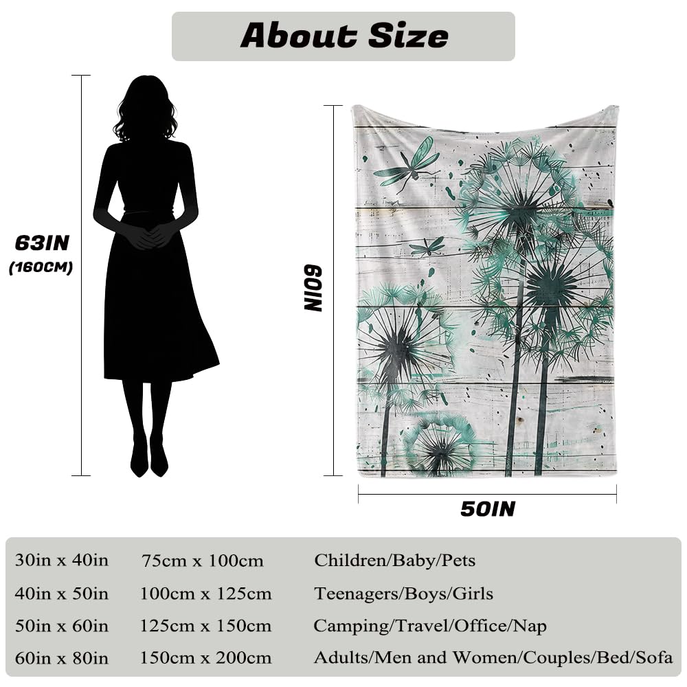 HUNXIAOJ Dandelion Throw Blanket Floral Print Blanket Dandelion Bedding Flower Throw Warm Soft Flannel for Girls Boys Woman Adults Bed Sofa Couch (60 in x 80 in)