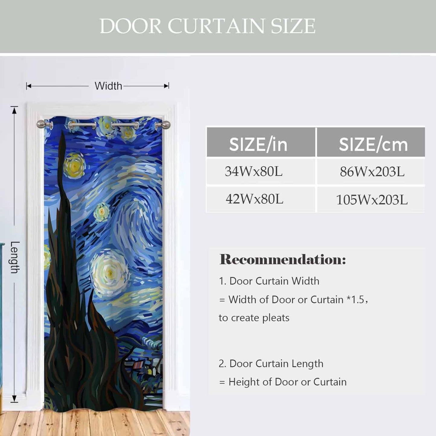 Haciadan Starry Night Doorway Curtains Blue Moon Star Van Gogh Painting 1 Panel 34" W X 80" L Door Drape for Kitchen Restaurant Bedroom Living Room