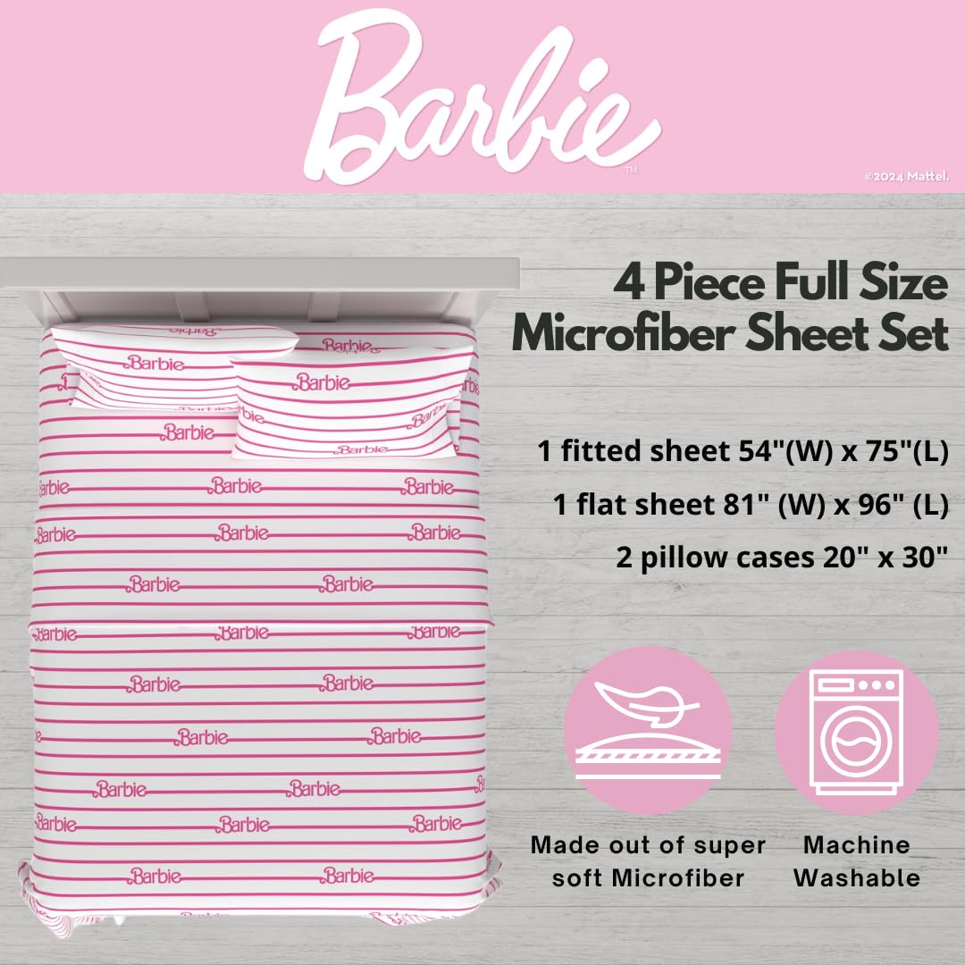 Barbie Logo Bedding Super Soft Cozy Microfiber 4 Piece Full Sheet Set, (Officially Licensed Product) By Franco