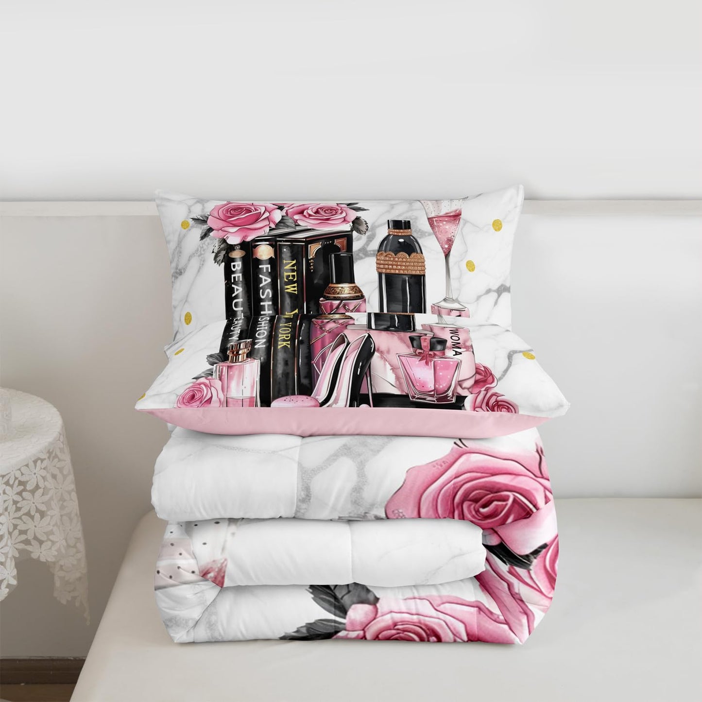 Erosebridal Fashion Black Pink Comforter King Size Flower Perfume Girls Women Modern Bedding Set High Heels Books Champagne Quilt Romantic Makeup Paris Bed Sets