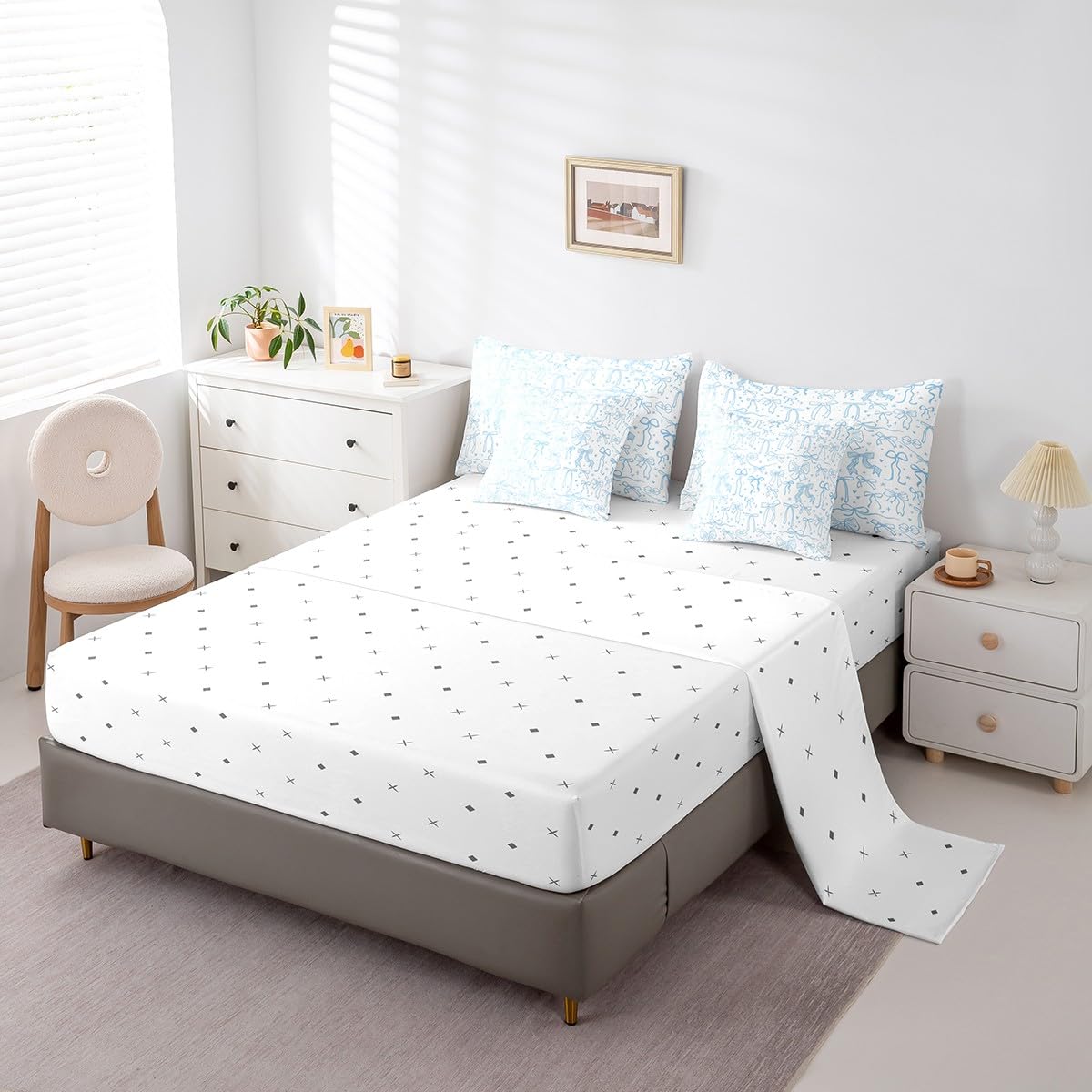 Cute Blue Bowknot 7Pcs Comforter Set Full Size,Cartoon Hand Drawn Stars Love Bow Bedding Set,Kids Girls Sweet Princess Style Fitted Flat Sheet Teens Woman Room Decor,Modern Romantic 4 Pillow Cover