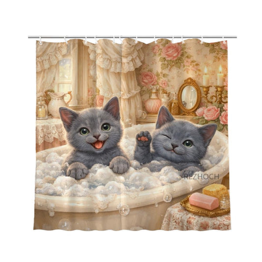 REZHOCH Funny Cute Russian Blue Cat Shower Curtain 72x72Inch,Waterproof Fabric Home Bathroom Decor,Animal Bathtub Bubble Bath,Victorian Vintage Style Kids Girl Bath Curtain with Hooks