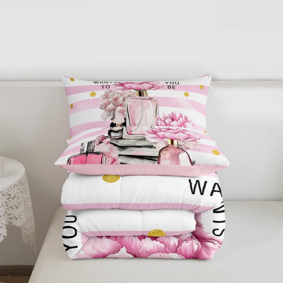 Erosebridal Girly Fashion Comforter King Size Girls Pink and White Striped Bedding Set for Kids Teens Women Modern Pretty Aesthetic Duvet Insert Coquette Fantasy Perfume Boho Trendy Quilt Set