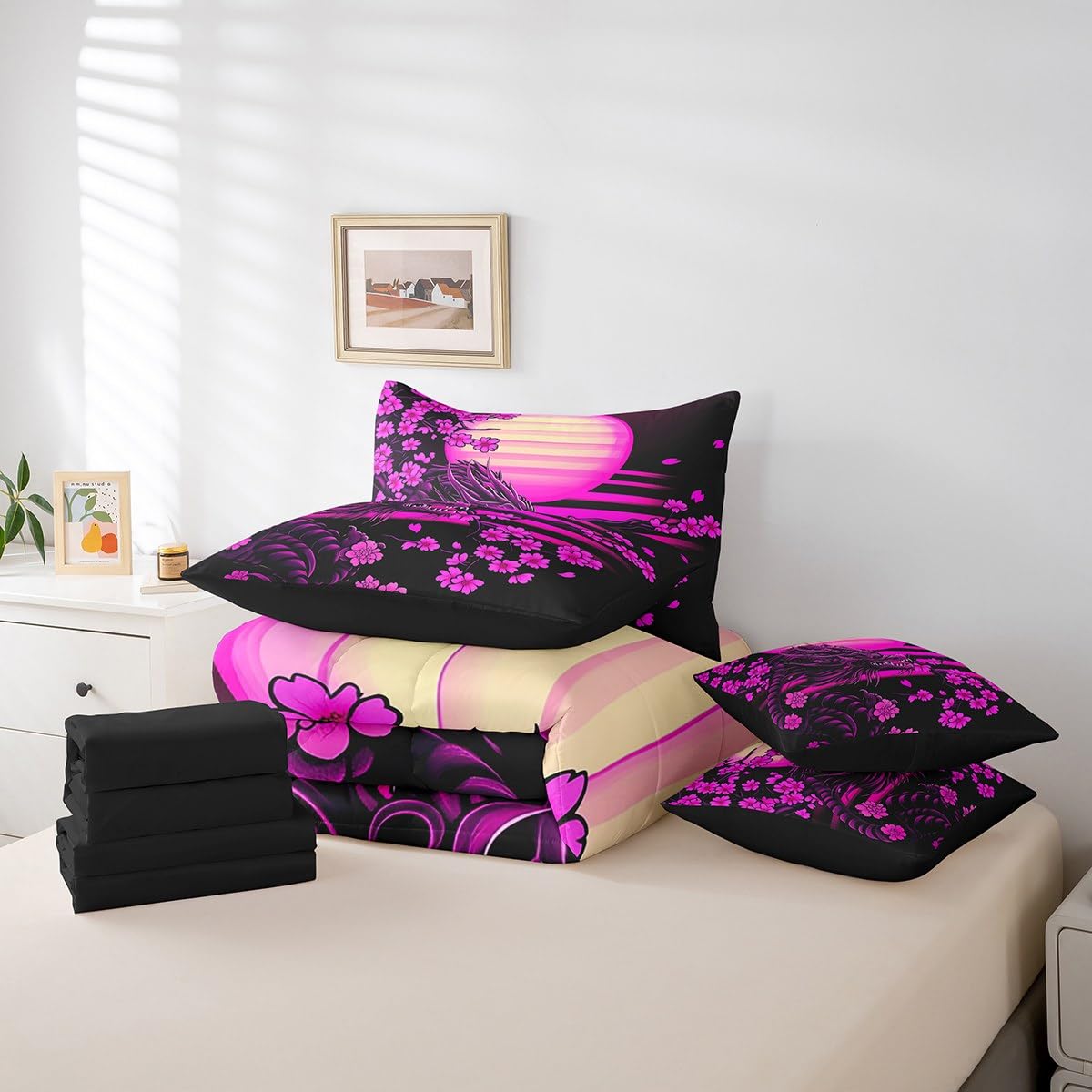 Erosebridal Japanese Cherry Blossom Bed in A Bag Exotic Magical Wildlife Dragon Bedding Set for Kids Boys Girls,Ukiyo-E Theme Twin Comforter Set 7 Piece Pink Sakura Flower Bed Set