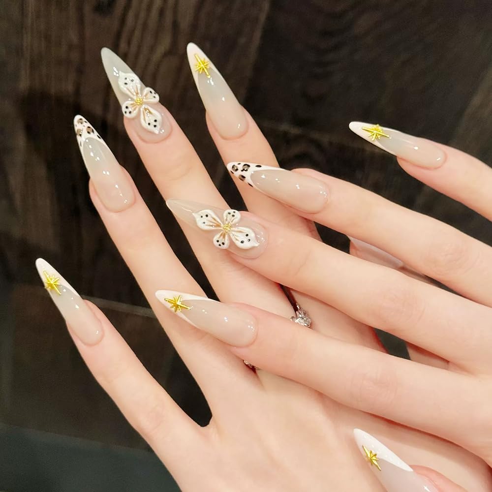 Handmade Press on Nails Long Stiletto Fake Nails French Tip Leopard print with 3D Flower Gold Designs Glossy Cute Acrylic Nails for Women 10pcs (Size M）