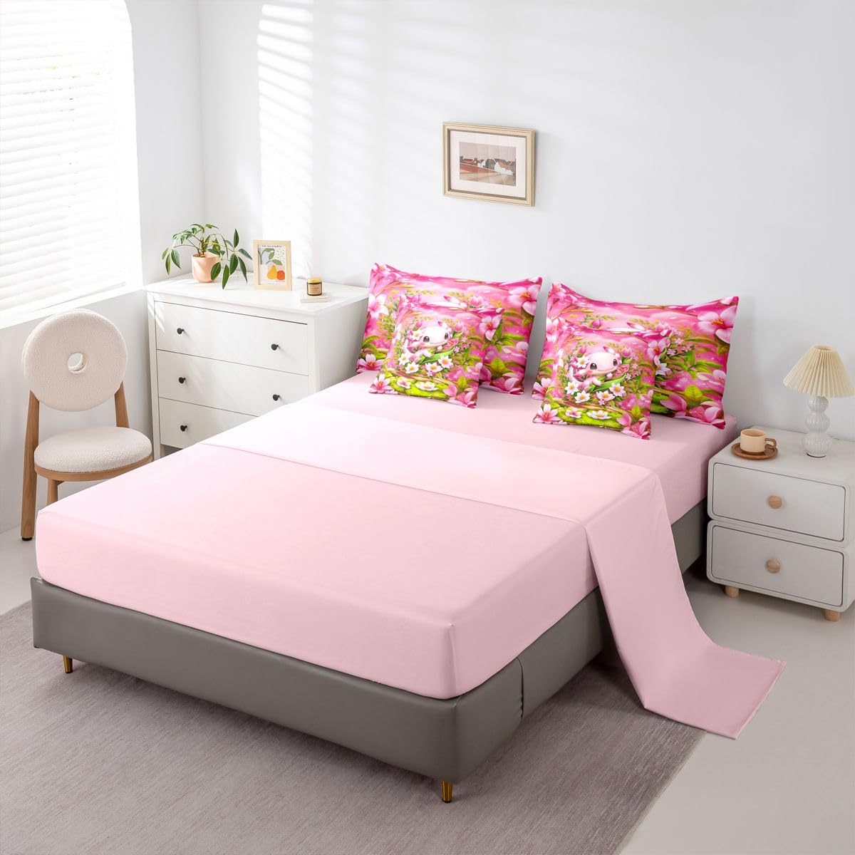 Erosebridal Romantic Axolotl Twin Size Bedding Set for Kids Girls Teens Pink Floral Axolotl 7 Pieces Comforter Set with Sheets Girly Cute Cartoon Animal Bed in a Bag Garden Botanical Flowers Bed Sets