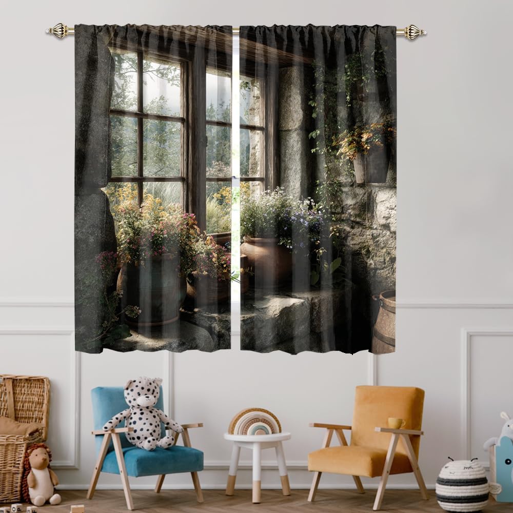 XSUPFLYM Beautiful Fantasy Stone Wall Window Thermal Curtain for Living Room Fantasy Realistic European House Plant Floral Green Leaves Blackout Curtains for Bedroom 2 Panels Each 21" W x 45" L
