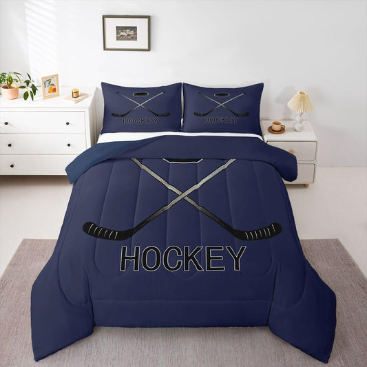 Erosebridal Ice Hockey Comforter Set for Boys, Ice Hockey Stick Bedding Set Full Size Winter Sports Games Duvet Sets Puck Soft Microfiber Down Comforter for Kids Teens Adult Bedroom Decor, Dark Blue